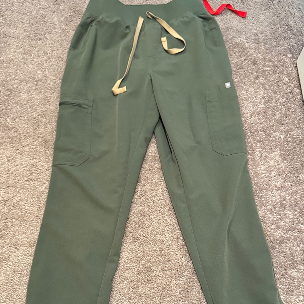 Figs Women Olive Cargo Pants with Tan Drawstring